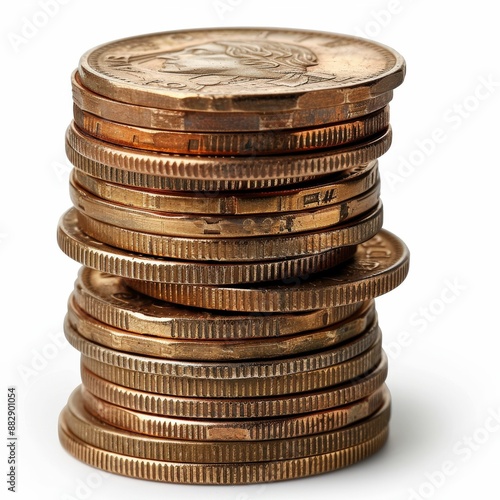 Stack of Old Copper Coins Isolated on White Background, Close-Up of Vintage Currency, Financial and Historical Concept