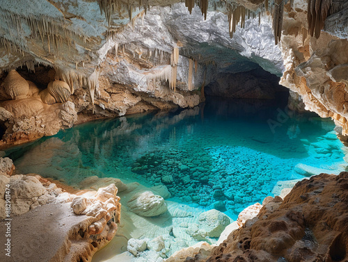 Clear Blue Water Pool Inside A Limestone Cave