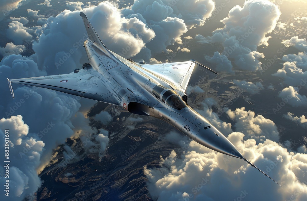 Fototapeta premium A photorealistic cinematic shot of the advanced aircraft skillfully soaring through clouds