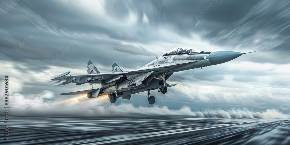 A powerful fighter jet taking off from an aircraft carrier, capturing the intensity and speed of military aviation in a dynamic scene. A powerful fighter jet taking off from an aircraft carrier, capturing the intensity and speed of military aviation in a dynamic scene.