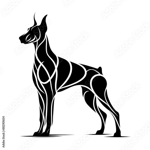 A black and white Doberman silhouette created using minimalistic dashed lines.  Minimalist art style.