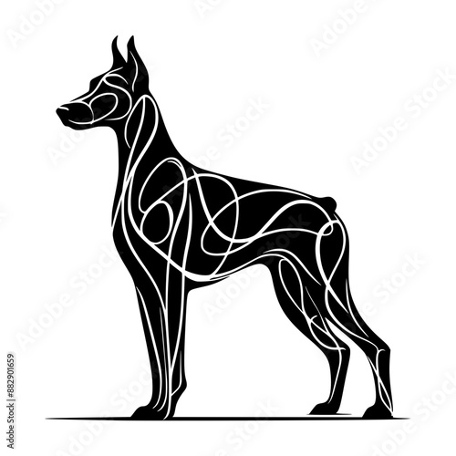 A black and white Doberman silhouette created using minimalistic dashed lines.  Minimalist art style.