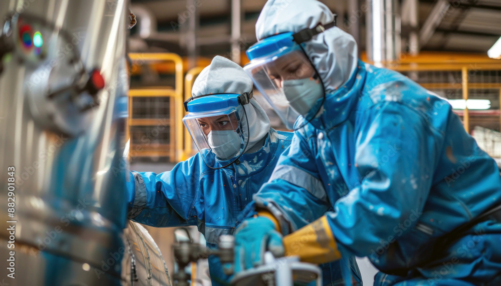 Two individuals in protective gear and masks are seen laboring in an industrial setting Two individuals in protective gear and masks are seen laboring in an industrial setting