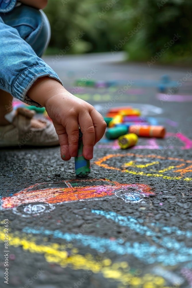a child draws with chalk on the asphalt. Selective focus a child draws with chalk on the asphalt. Selective focus