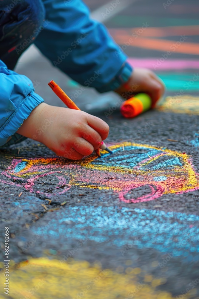 Obraz premium a child draws with chalk on the asphalt. Selective focus