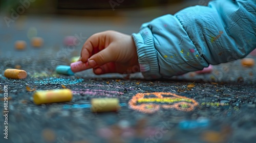 a child draws with chalk on the asphalt. Selective focus