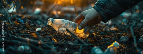 a hand throws away a plastic bottle. Selective focus