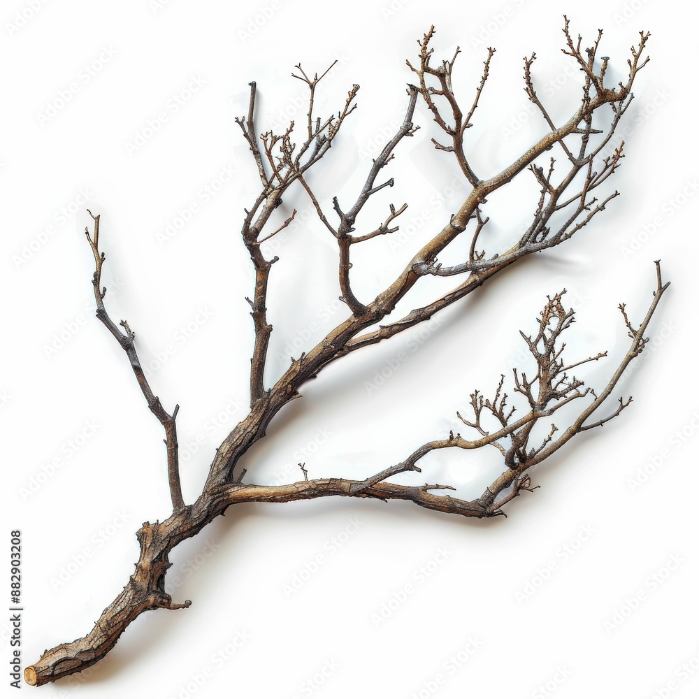 Detailed Close-Up of a Bare Tree Branch with Intricate Twigs and Texture on a White Background Detailed Close-Up of a Bare Tree Branch with Intricate Twigs and Texture on a White Background