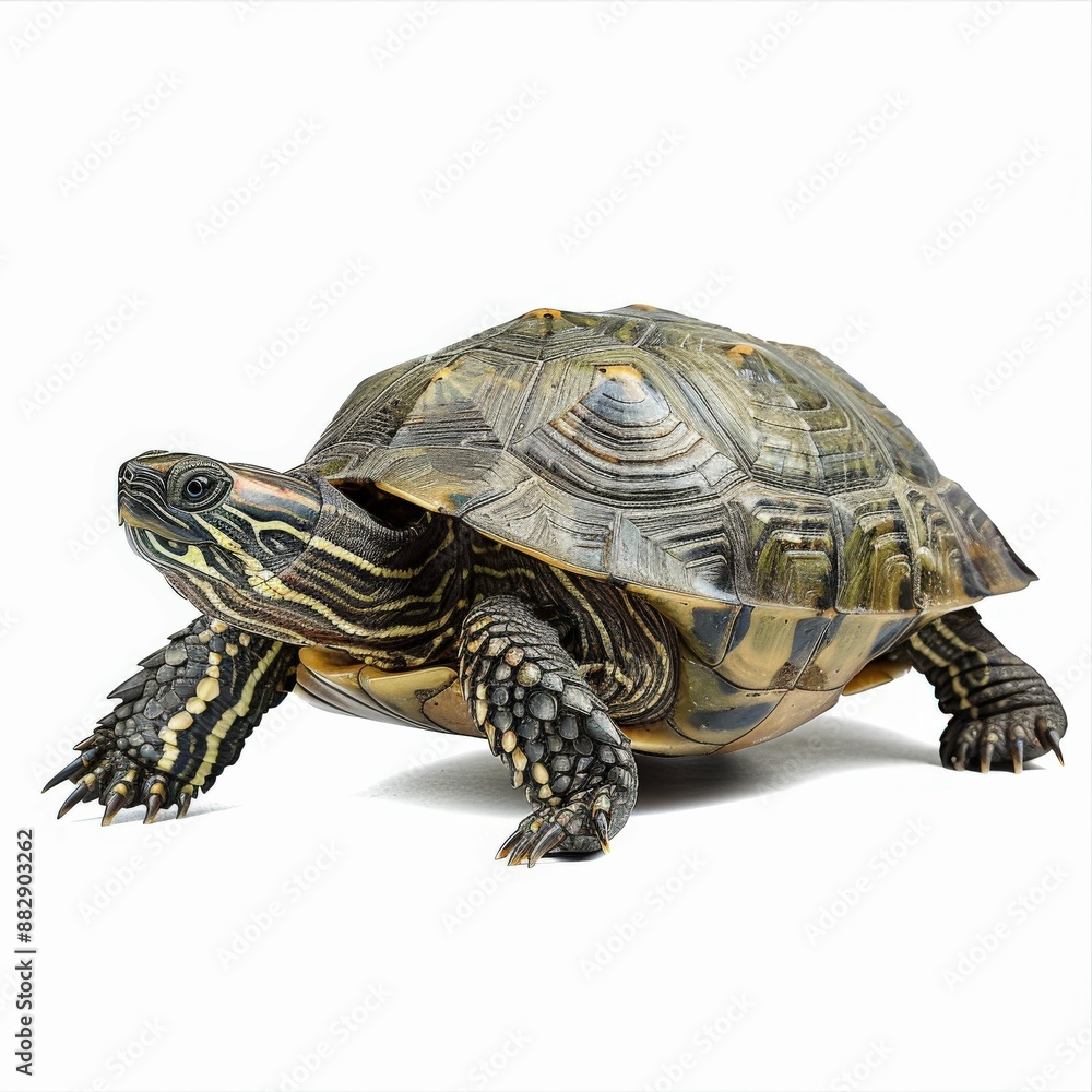 Close-Up of a Turtle with Detailed Shell Patterns on a White Background Close-Up of a Turtle with Detailed Shell Patterns on a White Background