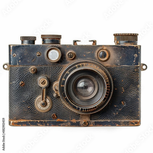 Vintage Camera with Leather Texture and Metal Details Isolated on White Background