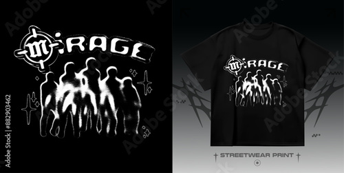 Streetwear people silhouettes print. Street 3D grunge blurred print for t-shirt, hoodie and sweatshirt. Isolated on black background