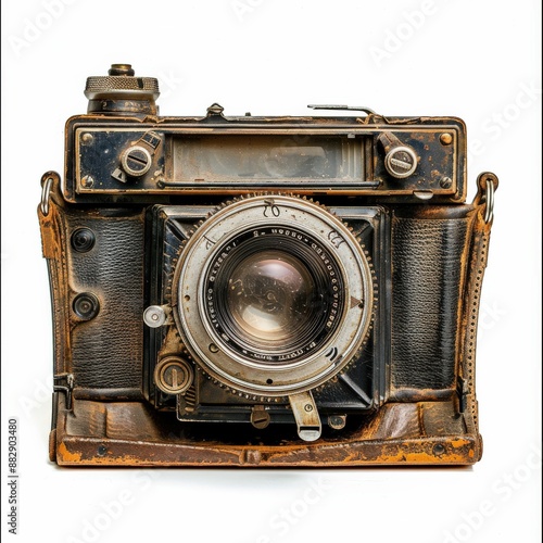 Vintage Rusty Camera with Leather Bellows and Brass Details on White Background