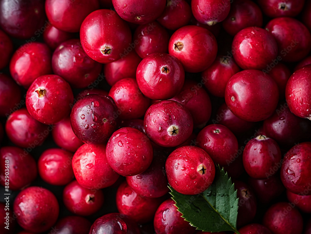 Close-Up of Fresh Red Cranberries With Green Leaf Close-Up of Fresh Red Cranberries With Green Leaf
