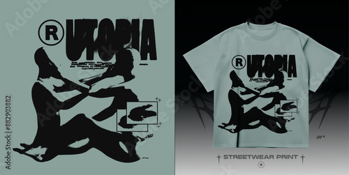 Streetwear people "UTOPIA" silhouettes print. Street 3D grunge blurred print for t-shirt, hoodie and sweatshirt. Isolated on black background