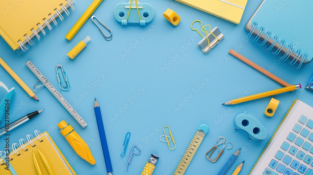 Office supplies, including notebooks, pens, pencils, and rulers, lay on a blue surface Office supplies, including notebooks, pens, pencils, and rulers, lay on a blue surface