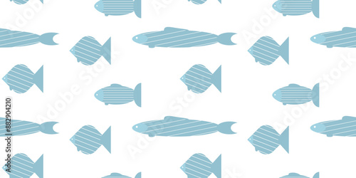 Seamless kids pattern with blue abstract fish. Minimalistic simple horizontal pattern in Scandinavian style on changeable white background. Striped fish pattern.