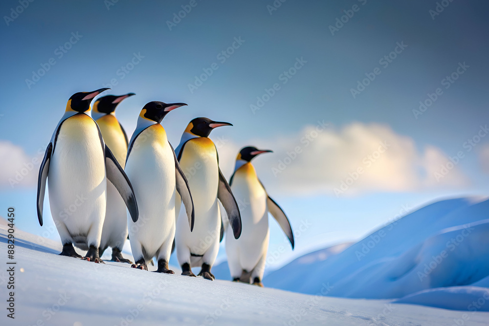 Obraz premium A group of penguins are walking on a snowy mountain. The penguins are all facing the same direction, and they are walking in a line. The scene is peaceful and serene