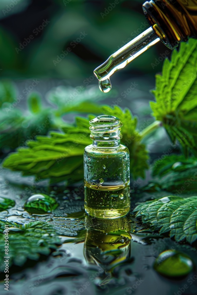 a drop of nettle essential oil. Selective focus a drop of nettle essential oil. Selective focus