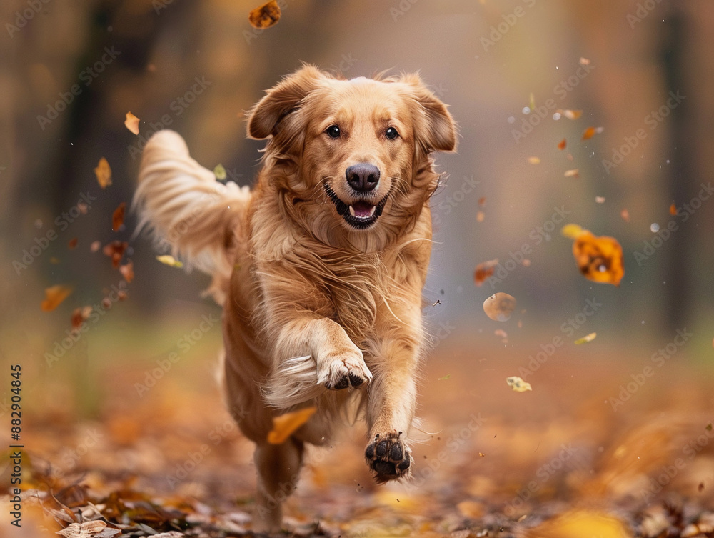 Golden Retriever Running Through Autumn Leaves Golden Retriever Running Through Autumn Leaves