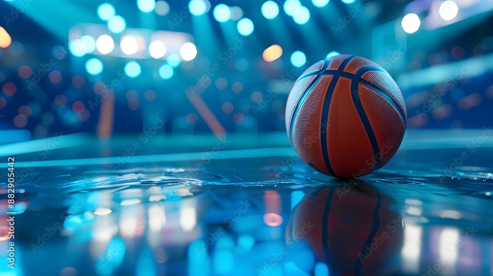 Shiny rubber surface of basketball placed on vibrant background in studio in blue light. Shiny rubber surface of basketball placed on vibrant background in studio in blue light.