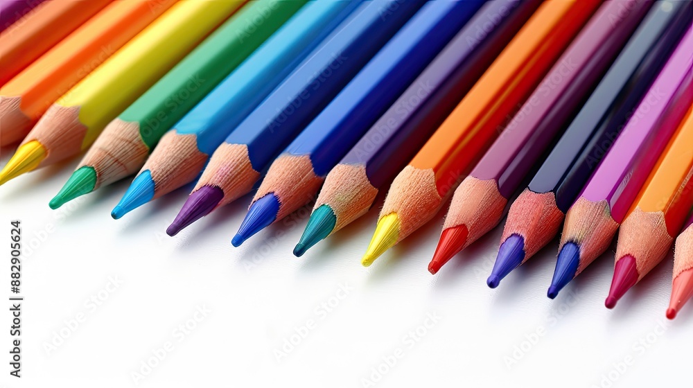 A close-up of colorful wooden pencils arranged in a row on a white background, the pencils are sharpened and pointing to the right. A close-up of colorful wooden pencils arranged in a row on a white background, the pencils are sharpened and pointing to the right.