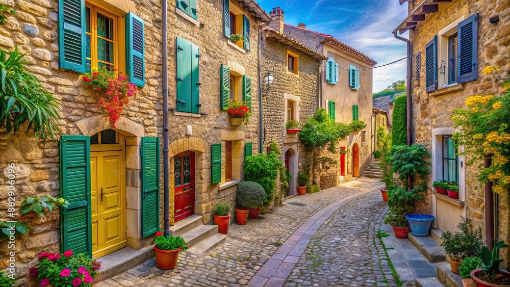 Obraz premium Charming Proven?al village with traditional stone buildings, colorful shutters
