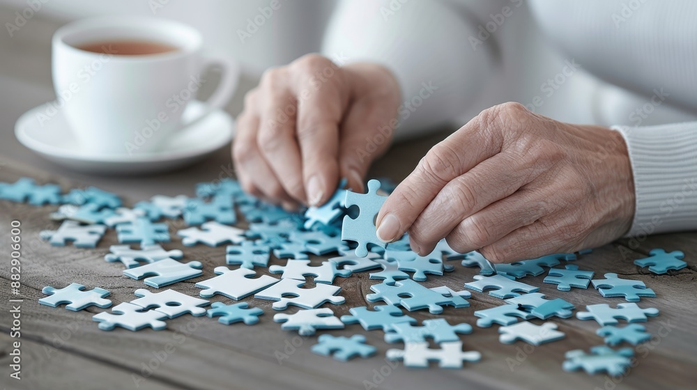 A woman is sitting at a table with a blue puzzle in front of her A woman is sitting at a table with a blue puzzle in front of her