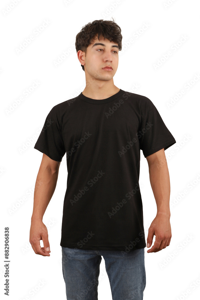 Youth man wearing blank t-shirt on white background, mockup tee closeup. Black color tshirt. Mockup for design, isolated background. Youth man wearing blank t-shirt on white background, mockup tee closeup. Black color tshirt. Mockup for design, isolated background.
