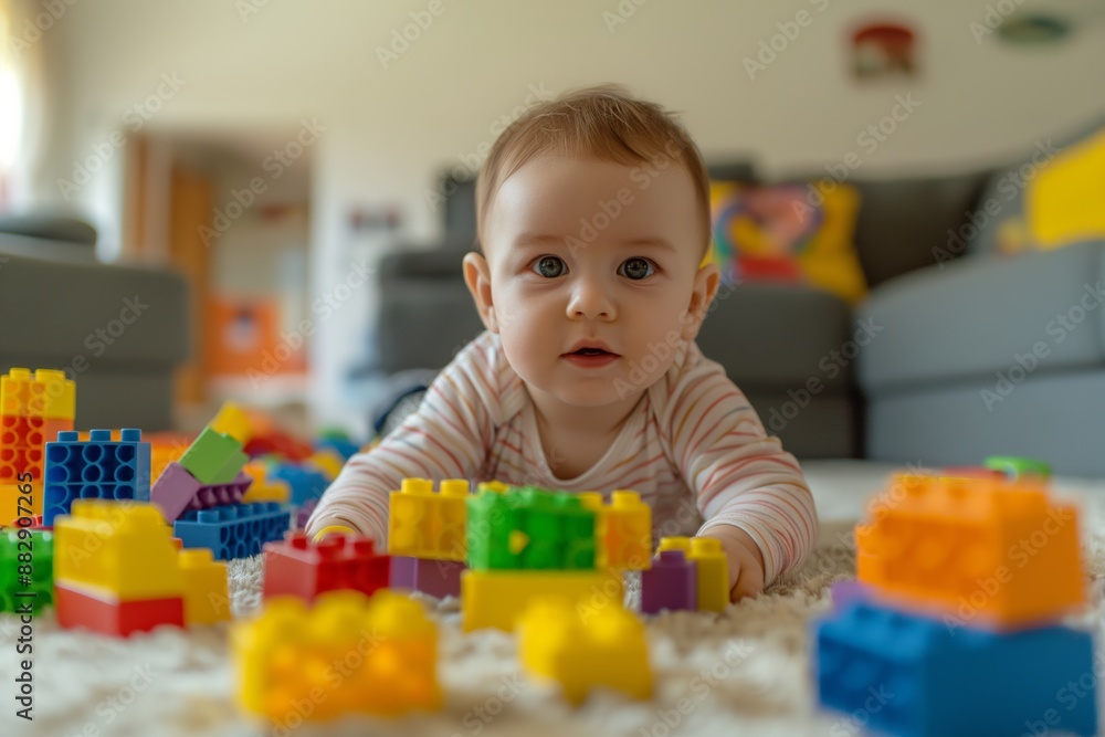 Cute baby boy playing with colorful blocks on the carpet at home, enjoying a playful activity. Cute baby boy playing with colorful blocks on the carpet at home, enjoying a playful activity.