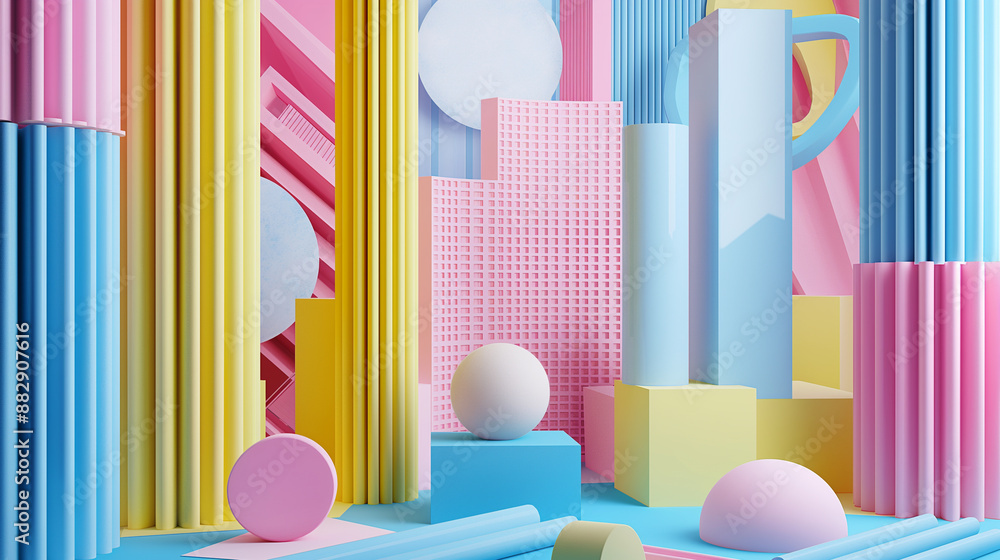 Obraz premium Colorful 3D Render Scene, Pink Blue Yellow Geometric Shape 