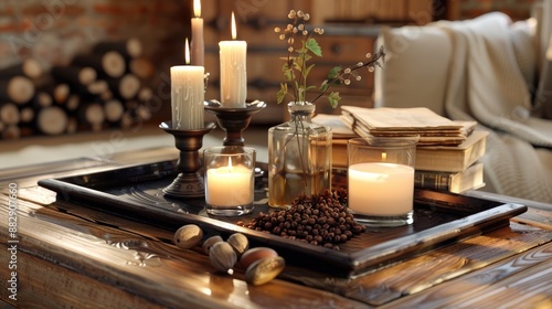 A wooden tray with four burning candles, coffee beans, and books on a rustic coffee table