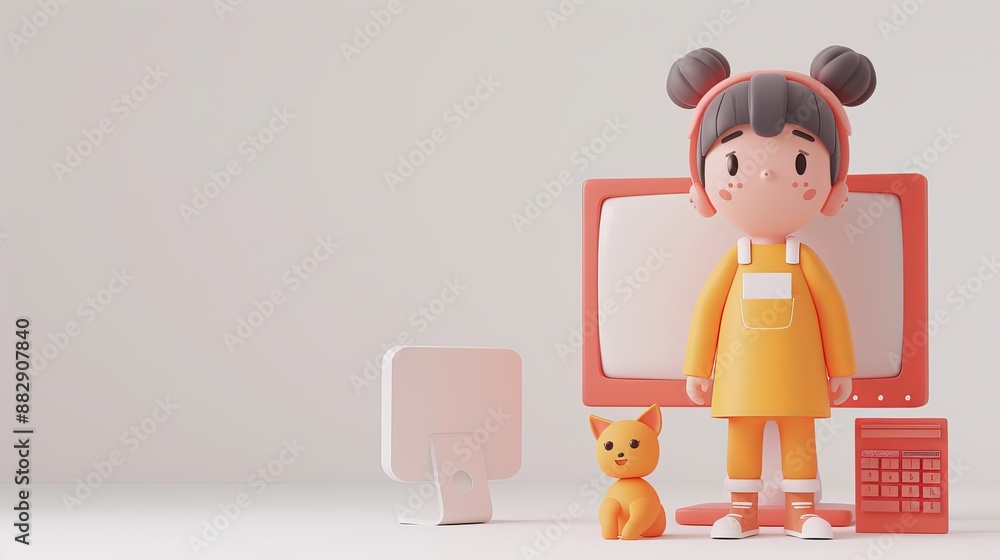 Fototapeta premium 3D Cartoon Girl With Computer and Cat