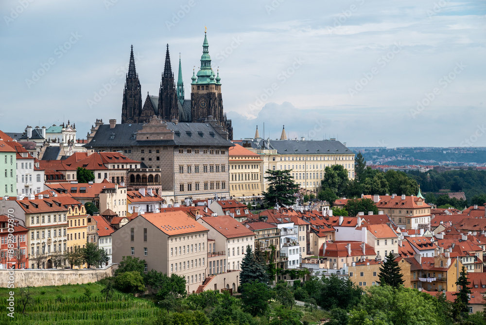 Obraz premium Cityscape view of Prague castle and Mala strana historic district, view from the Strahov monastery, in Prague capital of Czech republic