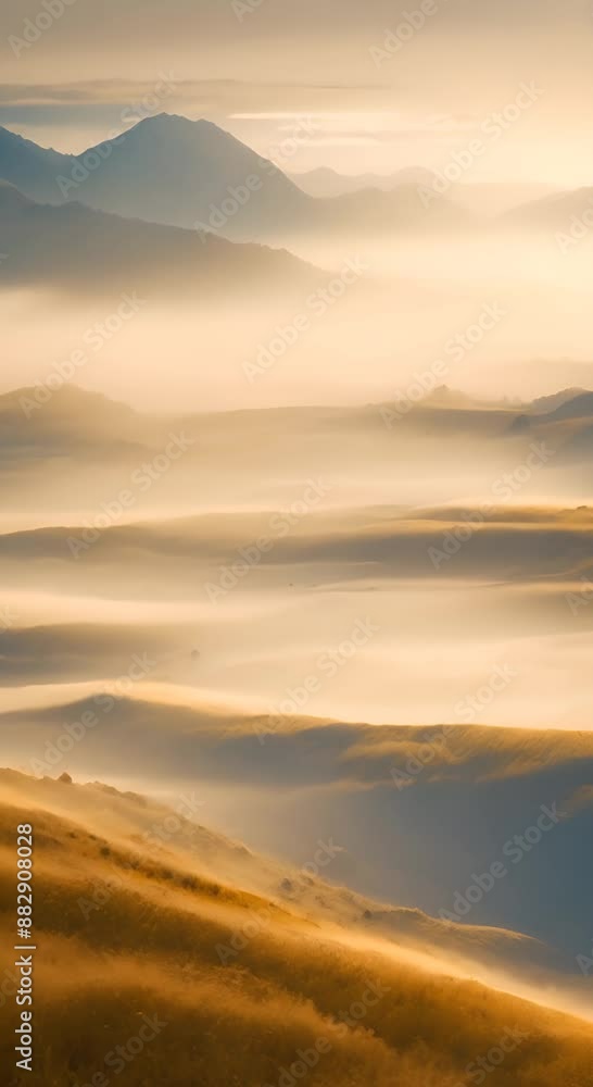 A foggy day with a panoramic picture of a valley filled with yellow rough grass and a mountain range in the distance 4k animation A foggy day with a panoramic picture of a valley filled with yellow rough grass and a mountain range in the distance 4k animation