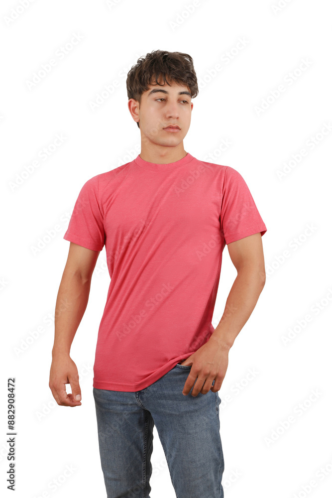 Youth man wearing blank t-shirt on white background, mockup tee closeup. Dark pink color tshirt. Mockup for design, isolated background. Youth man wearing blank t-shirt on white background, mockup tee closeup. Dark pink color tshirt. Mockup for design, isolated background.