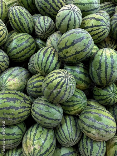 Lots of fresh organic watermelons at the farmer's market, top view. 