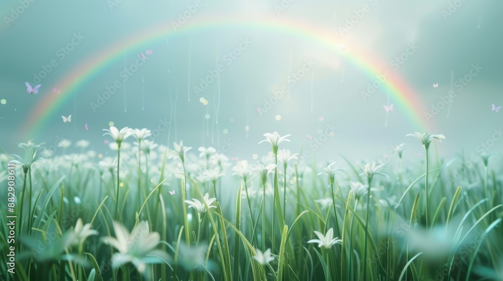 Naklejka premium A field of white flowers with a rainbow in the background