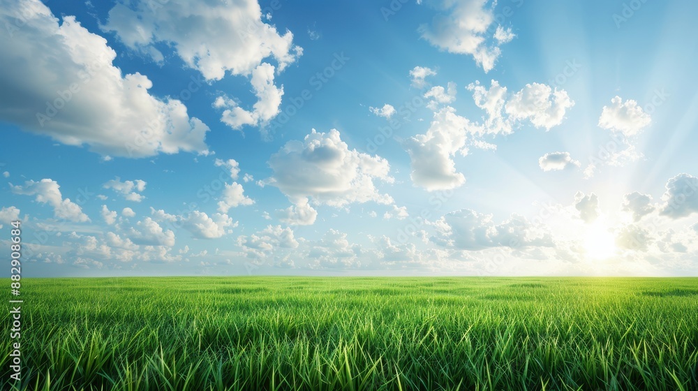Obraz premium A field of grass with a bright blue sky and a few clouds