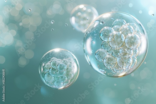 Wallpaper Mural Three transparent bubbles with detailed molecular structures inside, floating on a light blue background, digital art Torontodigital.ca