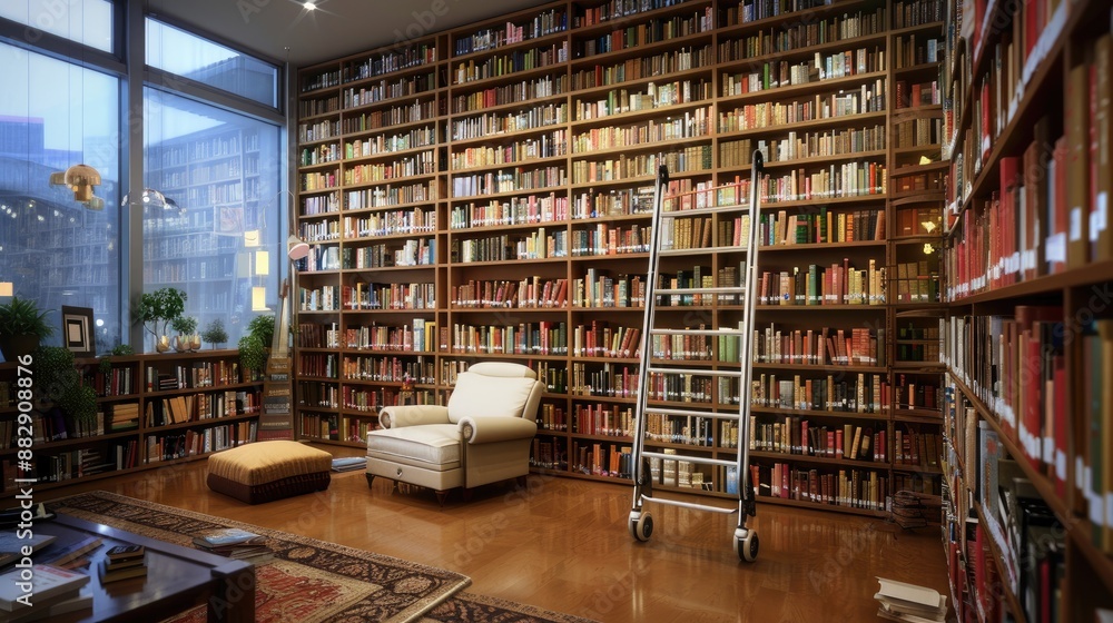 A sophisticated library with floor-to-ceiling bookshelves, a rolling ladder, and a comfortable reading chair. A sophisticated library with floor-to-ceiling bookshelves, a rolling ladder, and a comfortable reading chair.