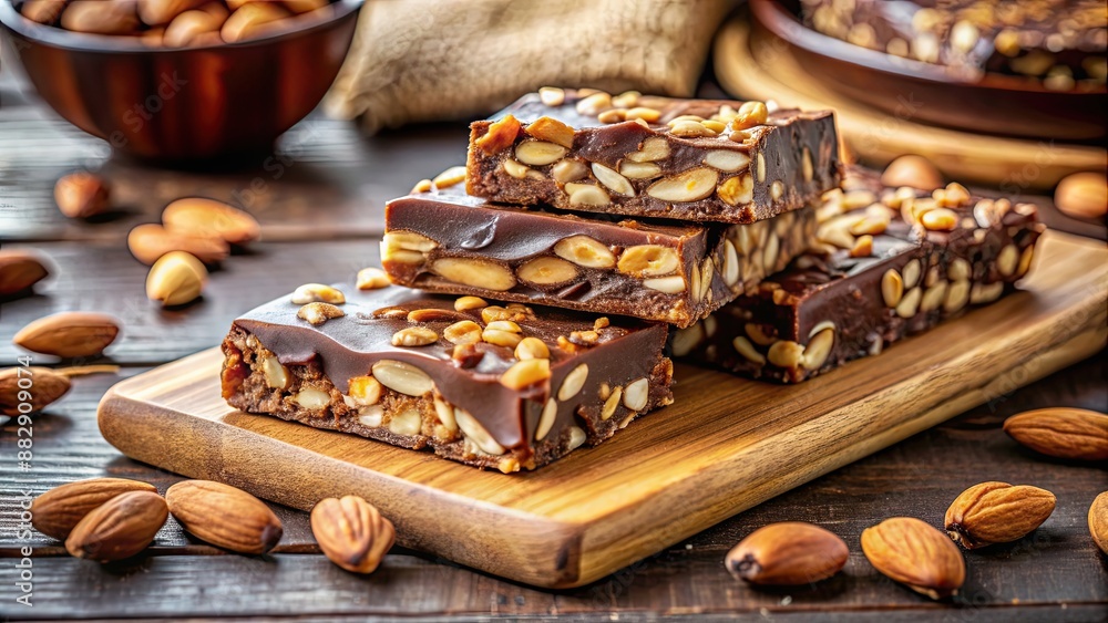 Fototapeta premium Close-up of homemade chocolate nut bars with almonds in a cozy kitchen setting, healthy snack, homemade, chocolate