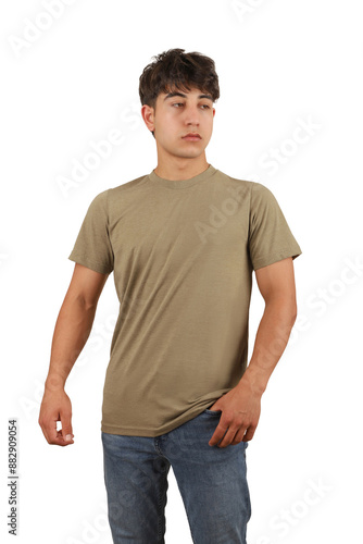 Youth man wearing blank t-shirt on white background, mockup tee closeup. Heather olive color tshirt. Mockup for design, isolated background.