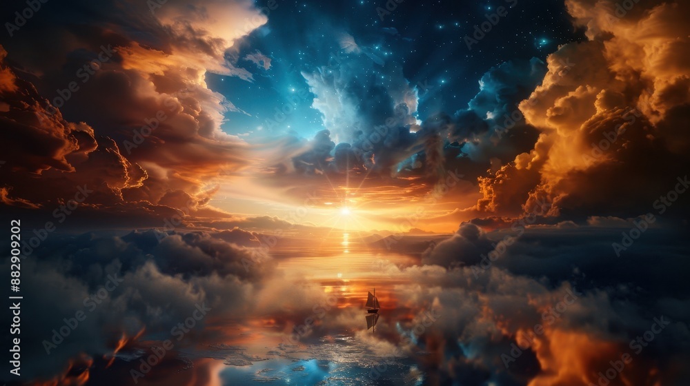 Stunning Sunset Over Ocean with Dramatic Clouds and Starry Sky, Perfect for Inspirational and Nature-Themed Projects Stunning Sunset Over Ocean with Dramatic Clouds and Starry Sky, Perfect for Inspirational and Nature-Themed Projects