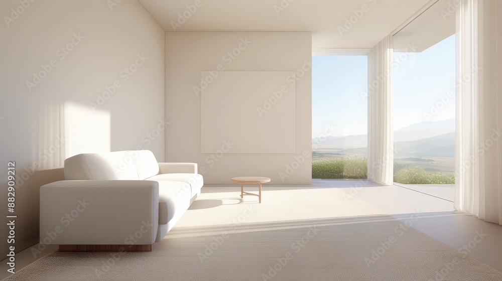 A white living room with a couch and a coffee table