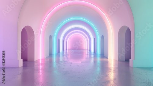 A long, narrow room with neon lights and a rainbow arch
