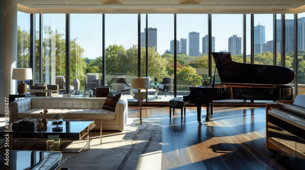 Fototapeta premium A sophisticated living room with floor-to-ceiling windows, a grand piano, and elegant, contemporary furnishings.