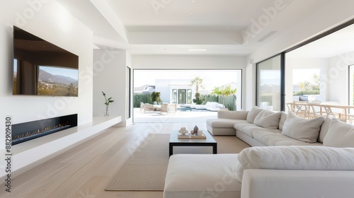A large white living room with a fireplace, a flat screen TV