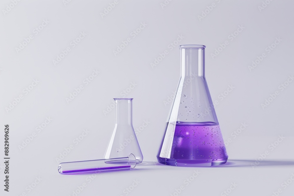 A beaker with purple liquid and a tilted test tube, set against a clean white background, digital art A beaker with purple liquid and a tilted test tube, set against a clean white background, digital art