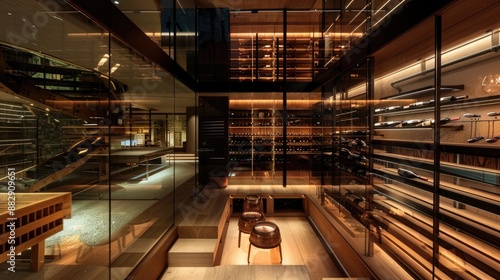 A sophisticated wine cellar with floor-to-ceiling glass walls, wooden racks, and ambient lighting.