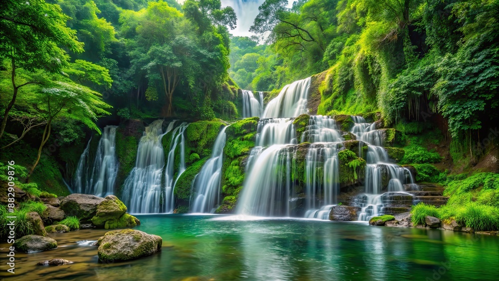Beautiful waterfall cascading through lush green forest scenery, waterfall, forest, nature, serene, landscape, peaceful, tranquil Beautiful waterfall cascading through lush green forest scenery, waterfall, forest, nature, serene, landscape, peaceful, tranquil